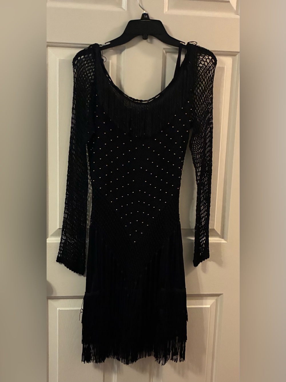 vassarette Black Fringe & Studded Mesh Long Sleeve Dress